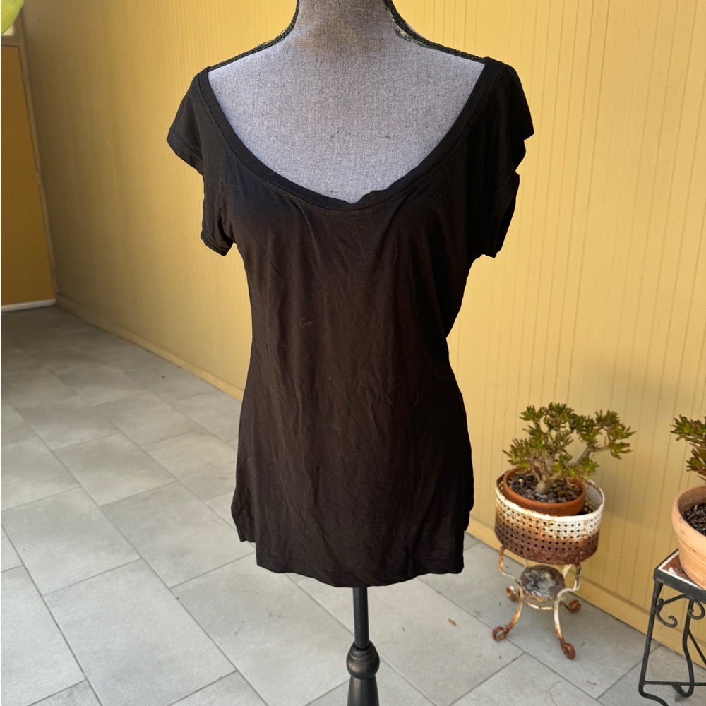 Caraucci Bamboo Cotton Scoop Neck Top Black Shirt Large